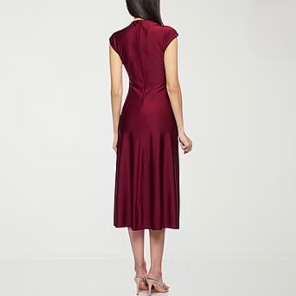 Burgundy Satin Midi Wedding Guest Dress - Picture 3 of 8